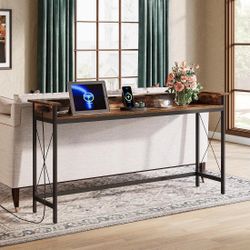 Industrial Console Table, 70.9" Sofa Table With Outlets And USB Ports. Rustic Brown