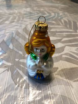 Praying Angel Blow Glass Christmas Ornament, Hand Painted - 3.5” Tall