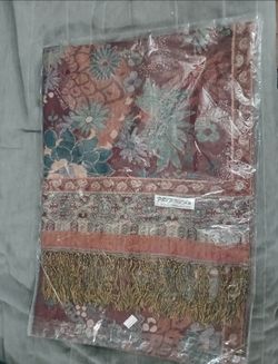 Pashmina Burgundy and Teal Floral Jacquard Shawl with Gold Fringe