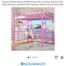 Full Loft Bed With L Shaped Desk, LED Lights, And Charging Station