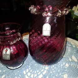 "Pilgrim Cranberry Glass" Vases Hand Blown Applied Rigaree