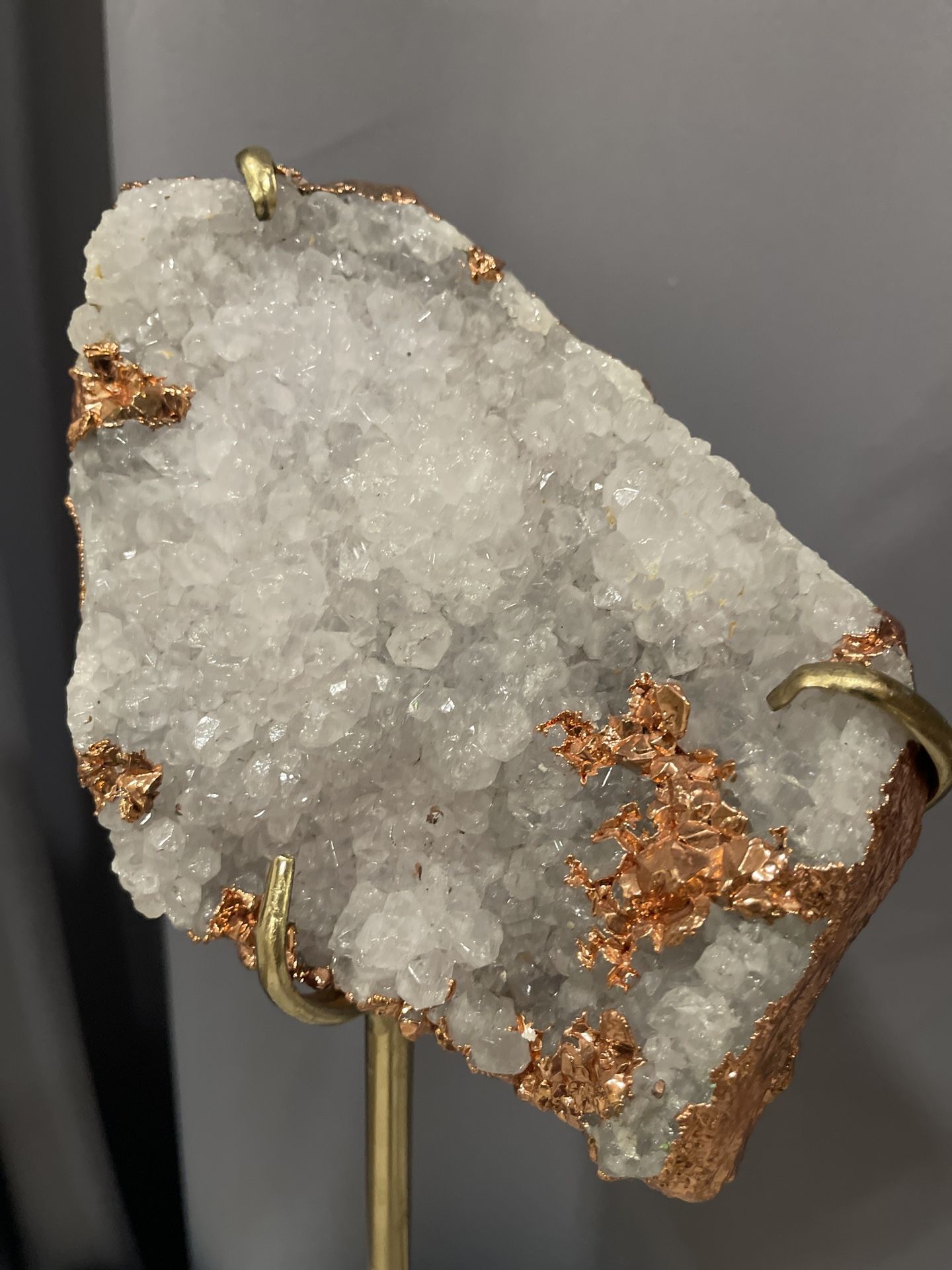 Rare White Quartz geode With Rose Gold Wrap On bronze Stand