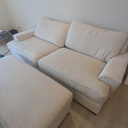 Light Cream Fabric Sectional Couch with Matching Ottoman - Good Condition