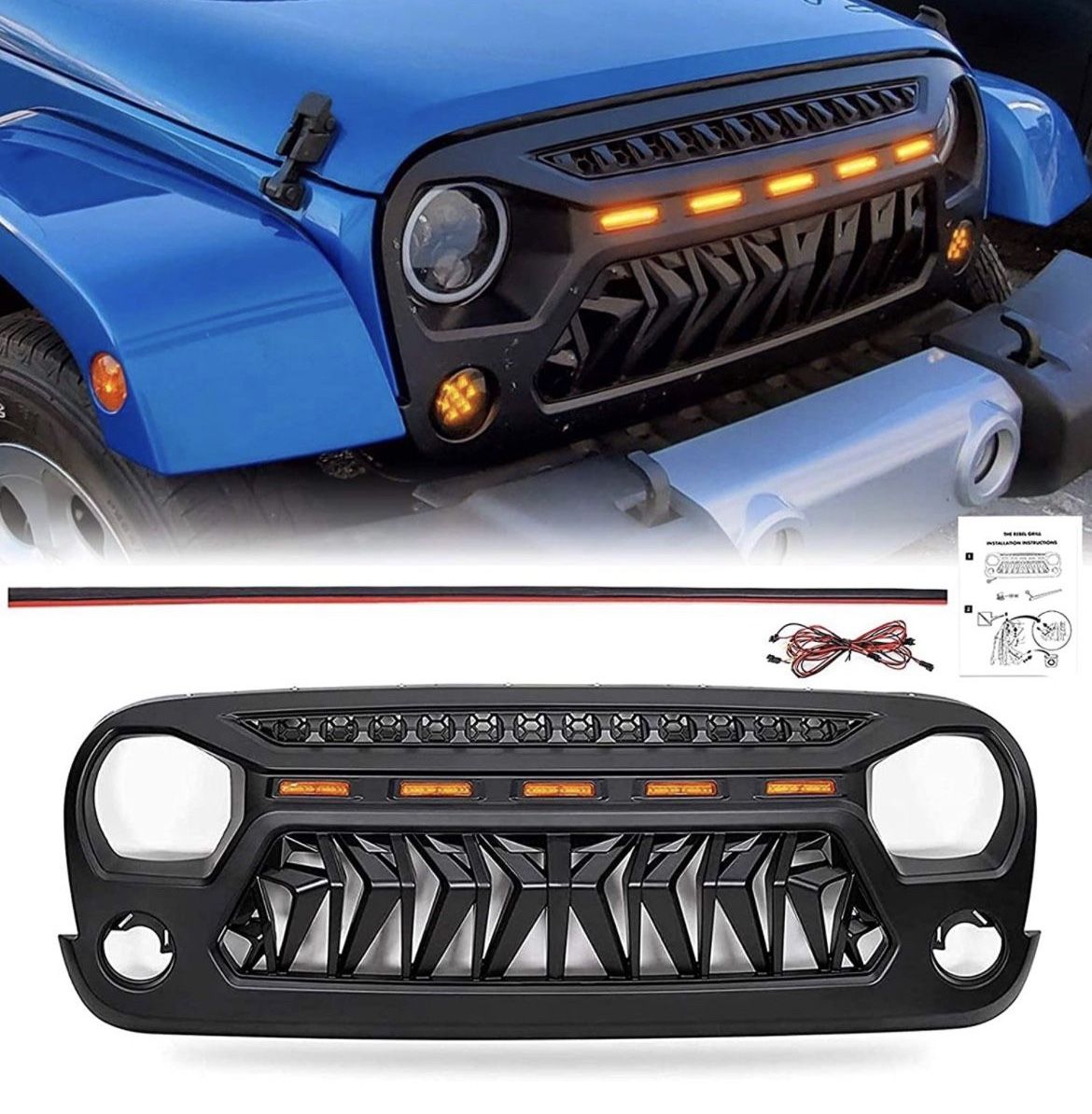 Haitzu Shark Grill Fit for Jeep Wrangler 2007-2018 JK Accessories, Matte Black Grille with 5 Amber Lights Including JKU Unlimited Rubicon Sahara Sport