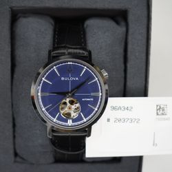 Bulova Aerojet 96A342 Automatic Open Heart Blue Dial 38mm Leather Men's Watch