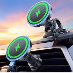 2-in-1 15W Magsafe Car Mount Charger, Magnetic Wireless Car Charger, 360° Dashboard & Air Vent Phone Mount