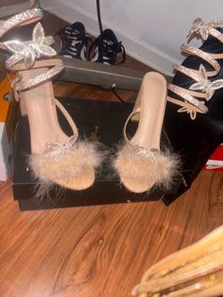 Nude Feather Rhinestone Strappy Heels