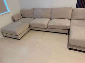 Large Beige Fabric Sectional Sofa with Ottoman