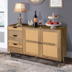 Rattan Sideboard with 2 Door &3 Drawers,Buffet Storage Cabinets Console Table with Adjustable Shelving and Wine Rack for Living & Dining Room,Black Me