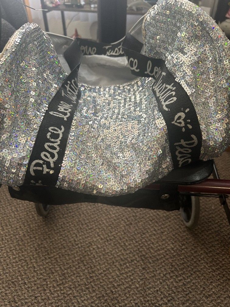 TOTE BAG SILVER SEQUINS PEACE LOVE JUSTICE