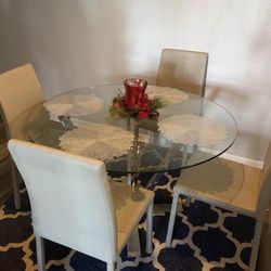 44 Round Thick Glass Dining Table With 4 Leather Chair Chairs