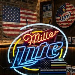 Miller lite neon sign beer sign supporting our heroes firefighters, police officers nurses dispatchers military