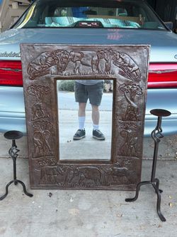 African Wildlife Carved Metal Mirror Frame
