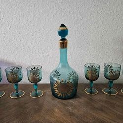 Hungarian crystal decanter w/ stopper & 6 matching glasses set, approximately 13 x 5 in.
