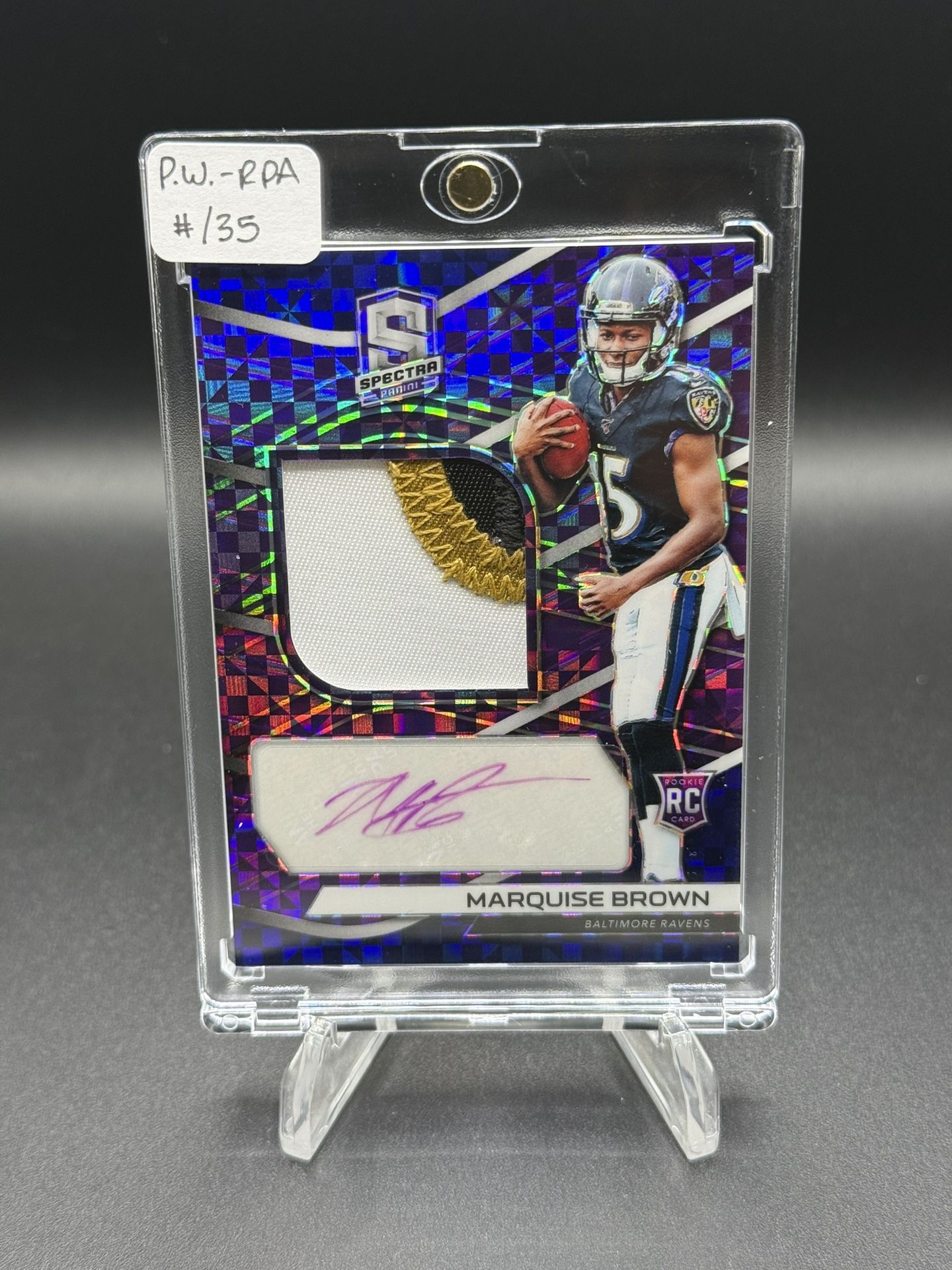 2019 Panini Spectra Neon Purple Prizm #212 Marquise Brown Rookie RC Three Color Player Worn Patch Relic Auto RPA #/35