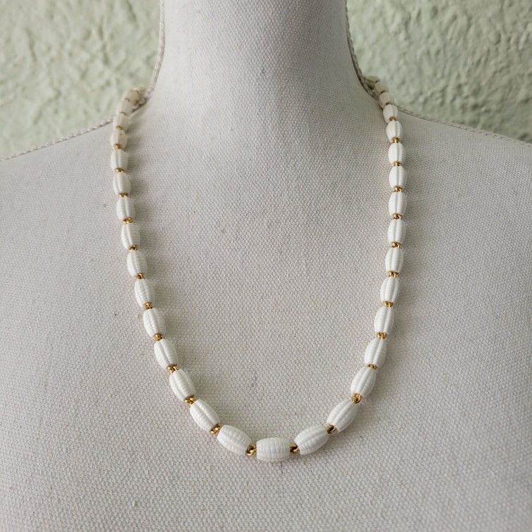 Vintage Signed Monet White 24" Choker Necklace Acrylic Textured Bead Gold Accent