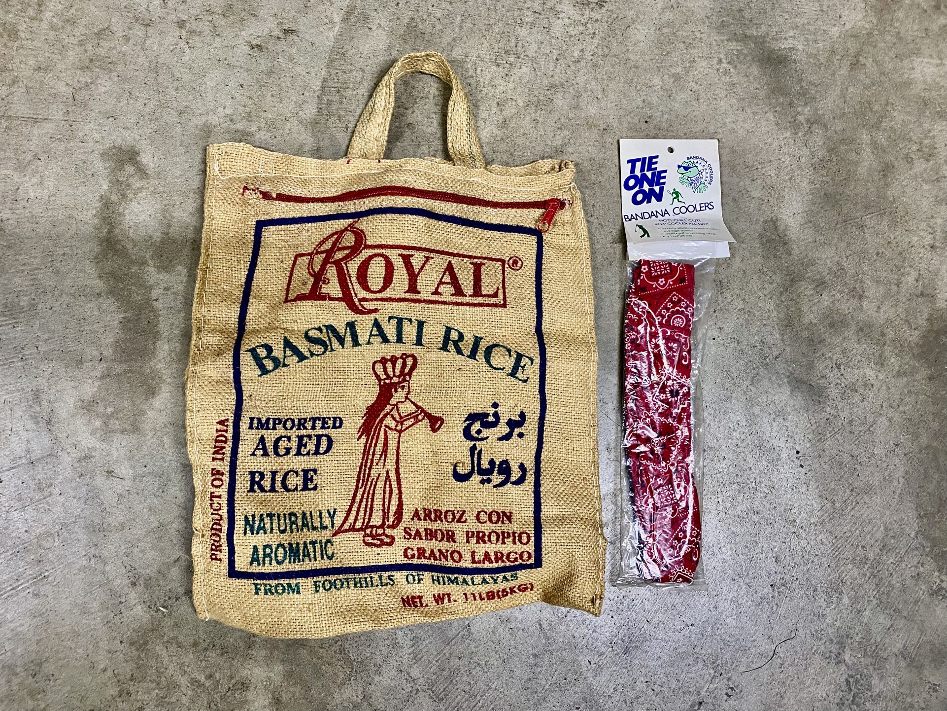 Royal Basmati Rice jute bag and Tie One On Bandana Coolers.