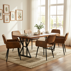 Homy Casa Leonard + Mayfair 7PC Dining Set 63" Table with 6 Suede Brown Upholstered Chairs, Black Legs