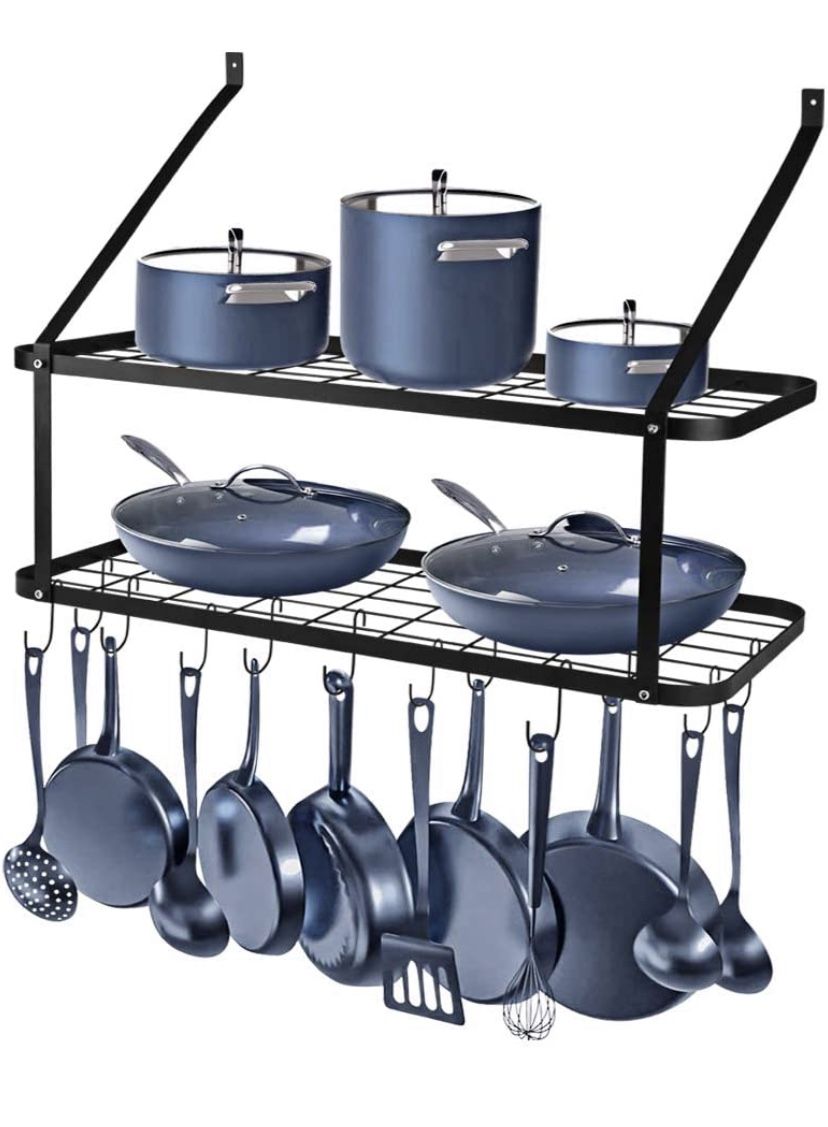 Wall Mounted Pots and Pans Rack, Rottogoon 2 Tier Pot and Pan Organizer 30 Inch Wall Pot Rack with 12 Hooks Kitchen Rack Organizer(Black)