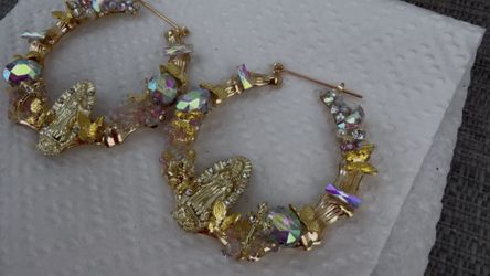 ✨ Handmade Junk Bamboo Hoop Earrings – Virgin Mary, Butterflies & AB Crystals