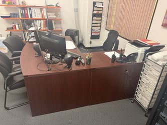 Executive L Shaped Desk Mahogany Finish Bow Front + 2 File Cabinets
