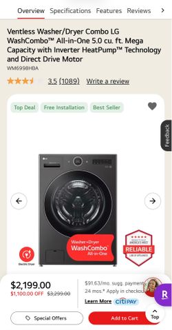 LG WashCombo All-in-One Heat Pump Washer/Dryer WM6998HBA ventless 27” 110v all in one washer and dryer  Color: Black Steel Retail Price: $2,999.00 (Ne