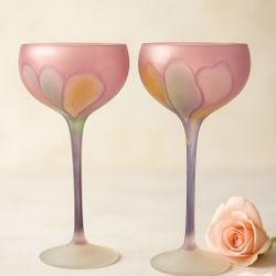 Rueven Glass 1990s Set Of 2 Nouveau Frosted Satin Pink Watercolor Coupes, 8”
