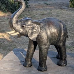Vintage 22 Inch Leather Wrapped Elephant Statue Raised Trunk Handcrafted Decor

