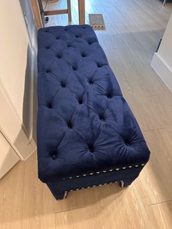 Navy Blue Velvet Storage Ottoman Bench – Like New