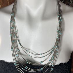Vintage Sterling Silver 10 Strand Heishi Turquoise Graduated Liquid Silver Necklace 