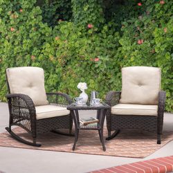 3 Pieces Outdoor Wicker Rocking Chair Set, Patio Conversation Set with 2 Rattan Rocker Chairs and Glass Coffee Table for Garden Porch Sunroom Deck Bac