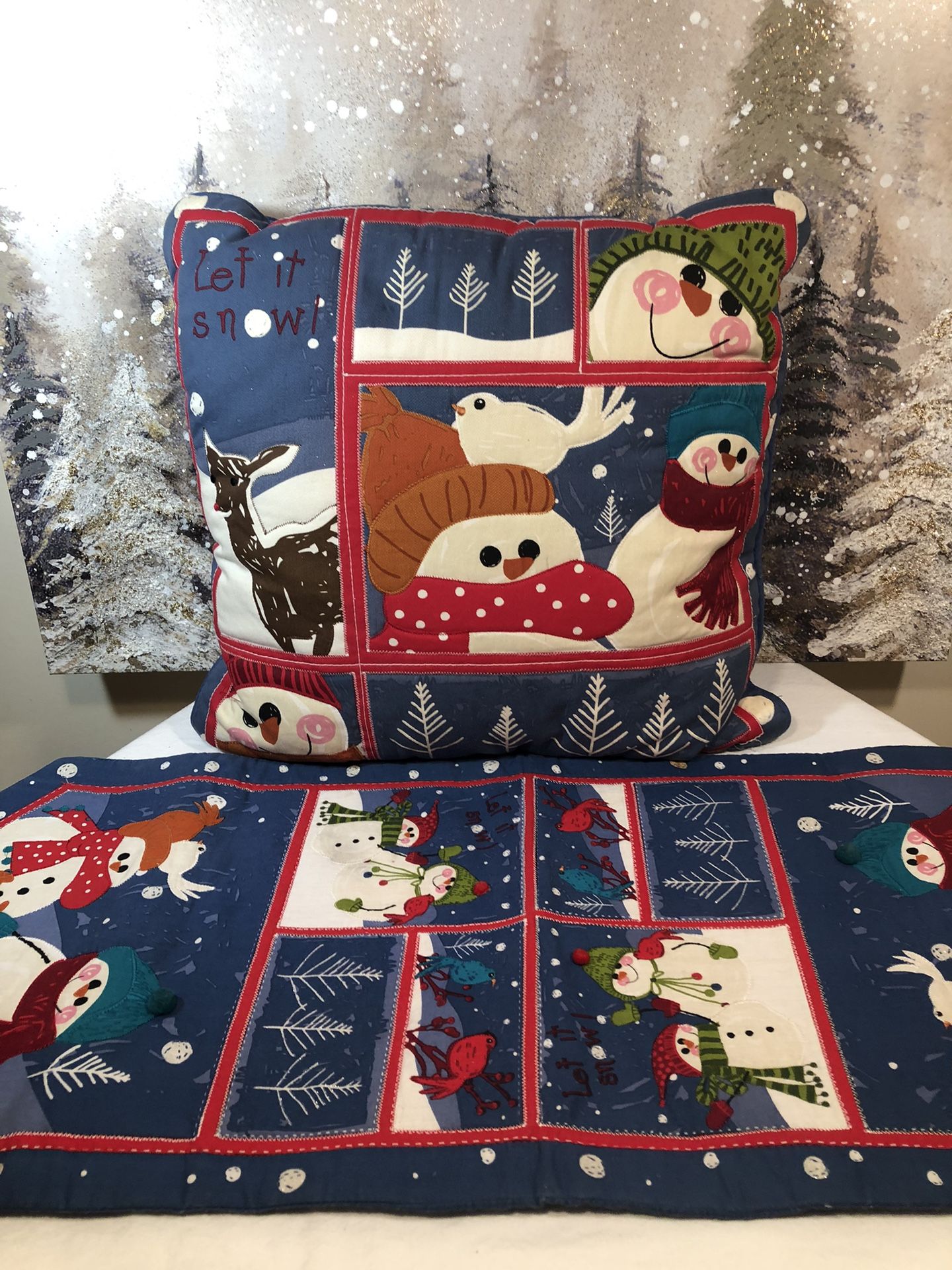 St. Nicholas Square Whimsical “Let it Snow” Table Runner And Pillow