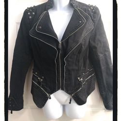 Women's Denim Jacket w/Studs & Multi Zipper Design - Size 14