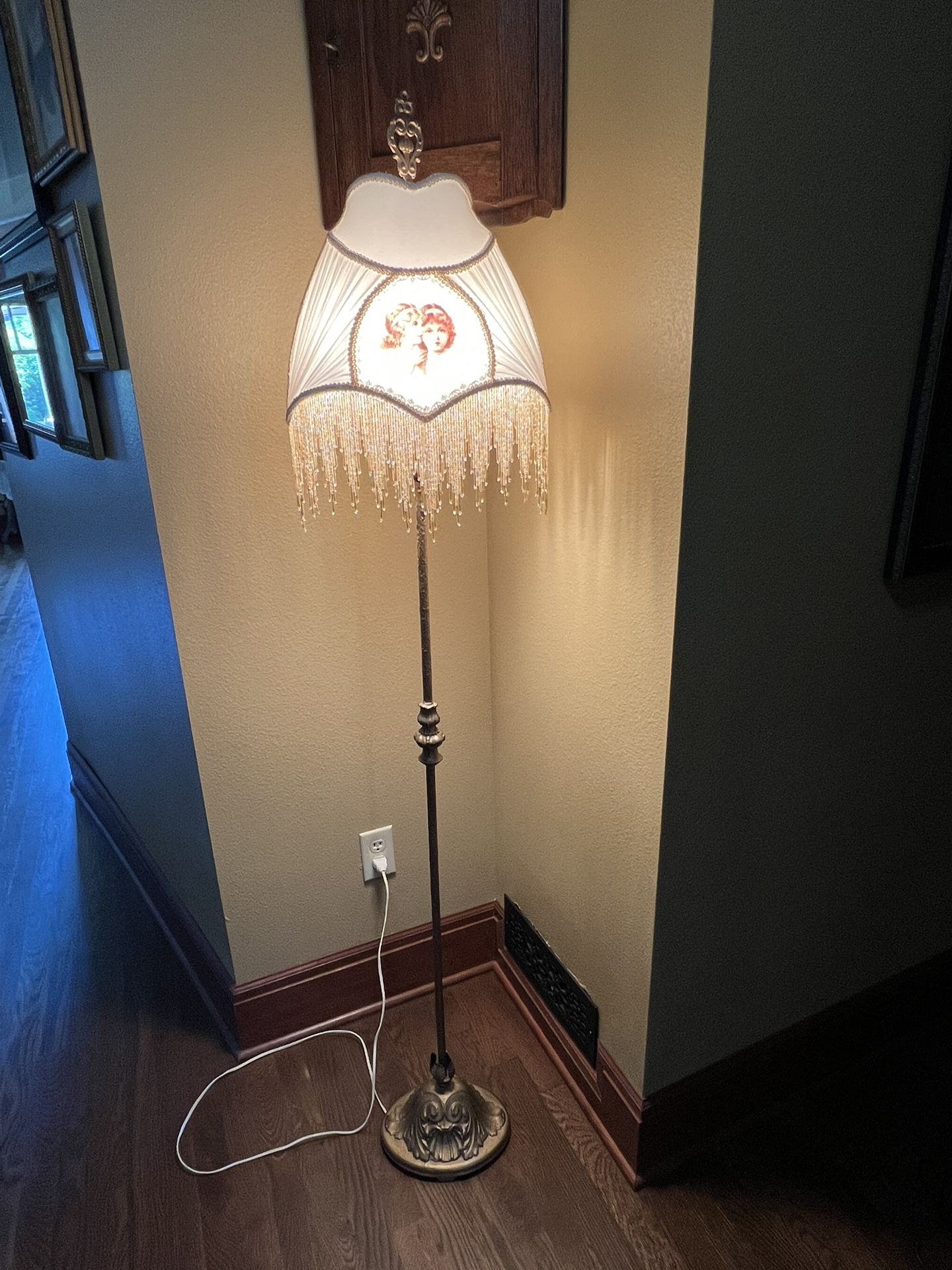 Antique Floor Lamp With Victorian Style Beaded Shade