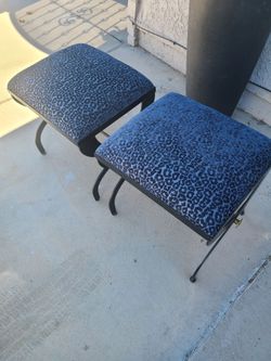 2 Biue Velvet Black Metal Legs Stools