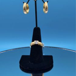 # 14. Brushed Gold Moissanite Ring & Hoop Earring Set - Elegant and Timeless