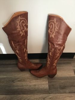 Over-The-Knee Brown Leather-Like Cowboy Boots