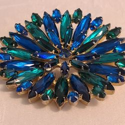Vintage Vintage Large 2.5" Unsigned SHREINER 2 Tiered Blue and Green Glass Navette Marquis Gems Brooch