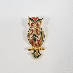 Vintage CROWN TRIFARI Multicolor Red Green Blue Enamel on Gold Owl Brooch Pin