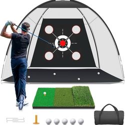 Golf Net with Practice Mat, Golf Hitting Net 10x7FT for Backyard Driving Chipping Training with Targets, Mat, and Balls for Outdoor Indoor