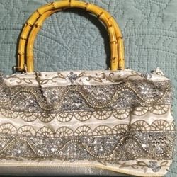 White Satin and Sequin Crystal Beaded Purse