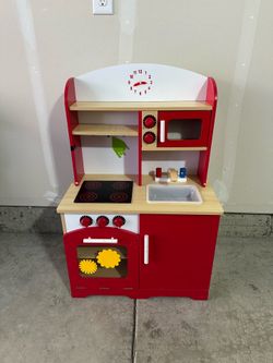 Wooden Play Kitchen Set Red White Toddler Pretend Play Toy