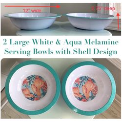 2 Large White & Aqua Melamine Serving Bowls with Shell Design 