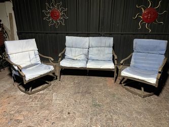 Metal/Fabric Seat Outdoor Patio Bench & 2 Swivel Metal/Fabric Chairs w/ Cushions