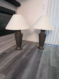 Set of 2 Large Bronze Table Lamps with Cream Shades