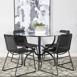 **SALE** New Five Piece Round Glass Dining Table with Handwoven Rattan Chairs
