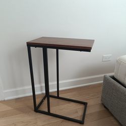C-Shaped Industrial Side Table Wood and Metal