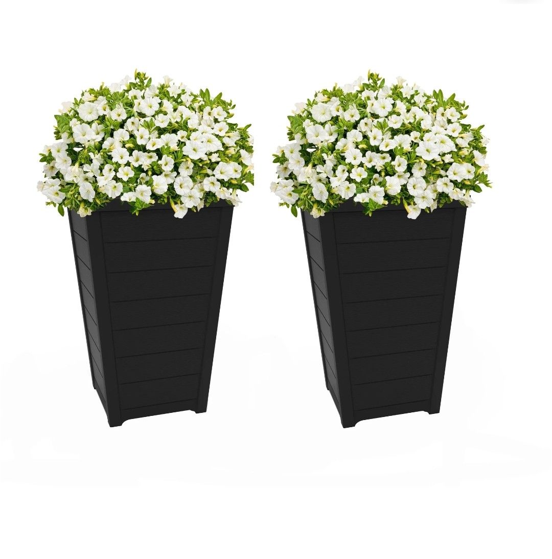 Keter Set of 2 Tall Outdoor Planters 22” Resin Modern Flower Pots Graphite New