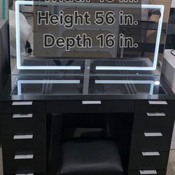 Vanity Desk with Large Mirror and Lights, Makeup Vanity Desk Set with Power Outlet, Storege Stool, 11 Drawers Storage