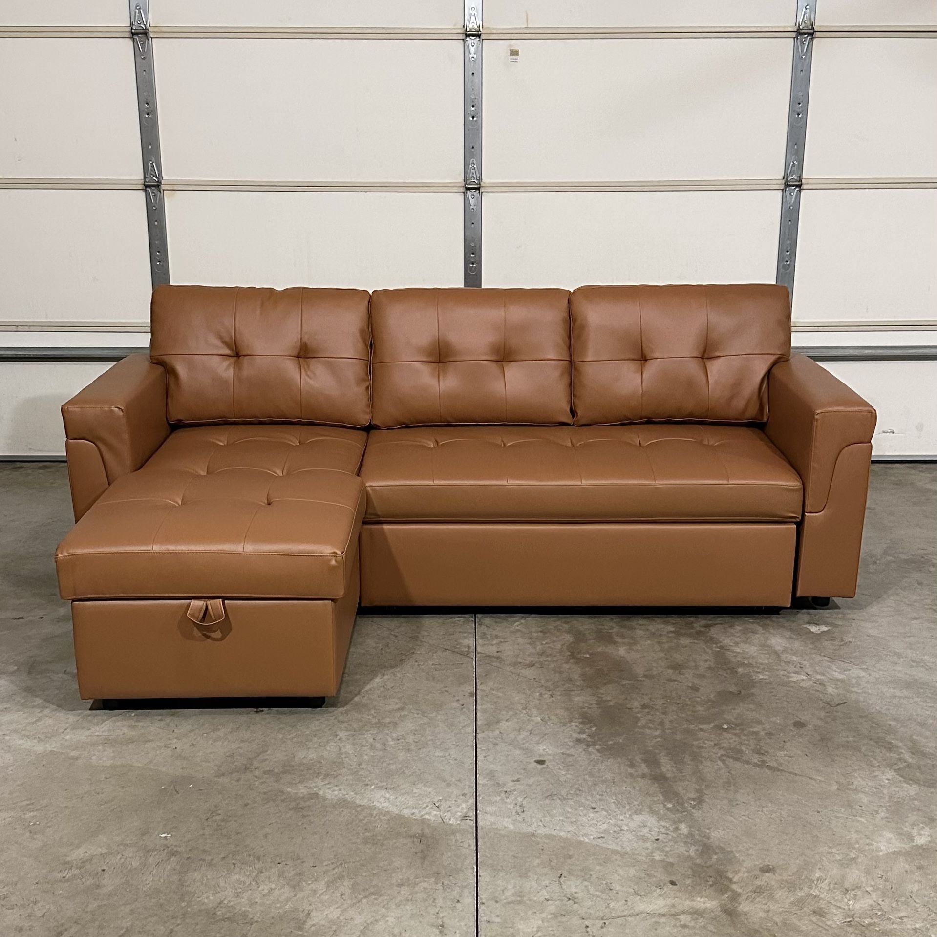 New Tan Brown Leather Couch / Sofa Bed Sectional with Chaise (Can Deliver)